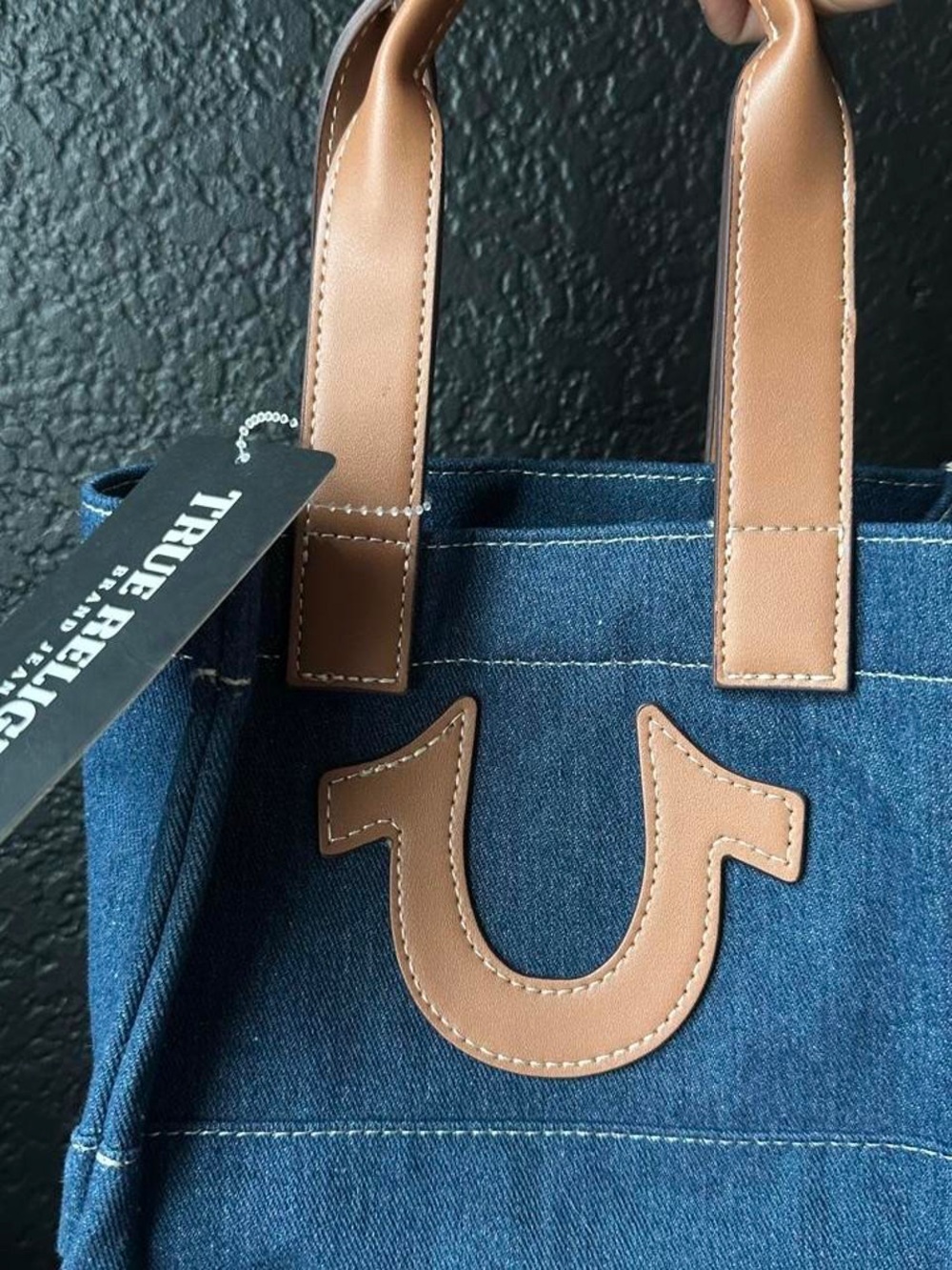 True Religion Blue Denim Tote with Tan Leather Accents